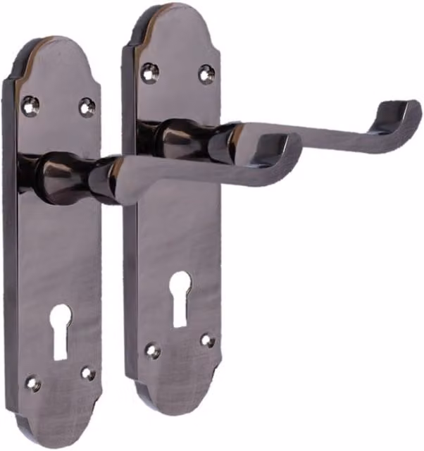 Betley Butterfly Epsom Victorian Scroll Lever Door Handle Lock with Long Backplate in Black Nickel