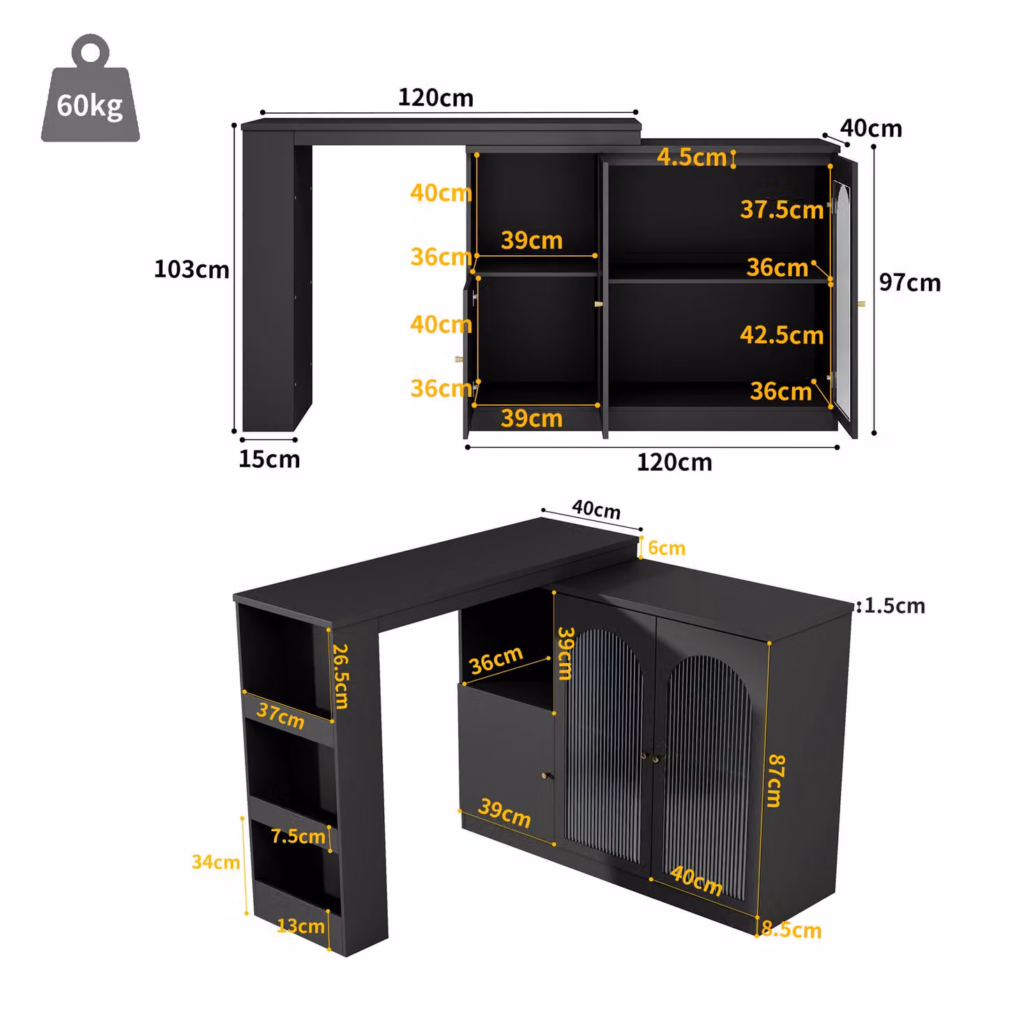 Aosom.UK Black 360 Rotating Kitchen Bar Table with Glass Doors and Versatile Storage, W/D/H: 120 x 120 x 97 cm – 3