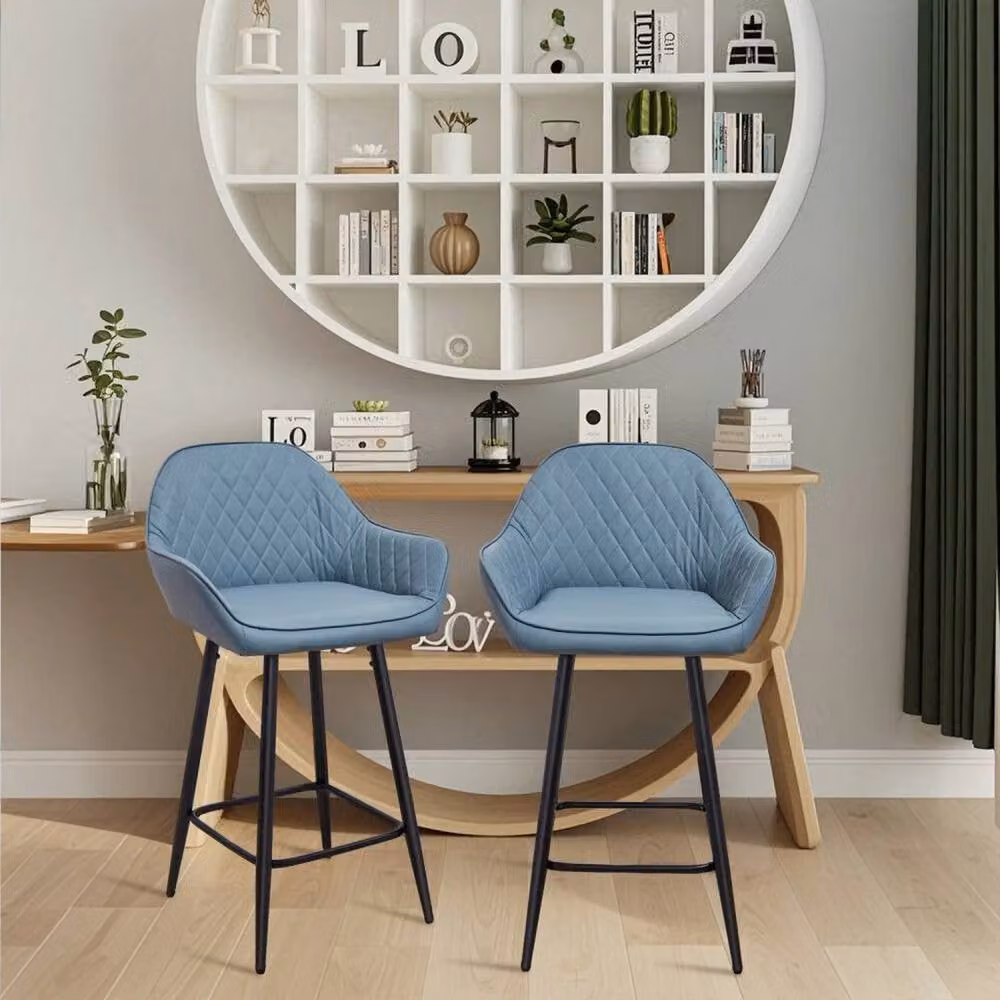 SPETLEK Set of 2 Blue Synthetic Leather Bar Stools with Armrests and Metal Frame – 4