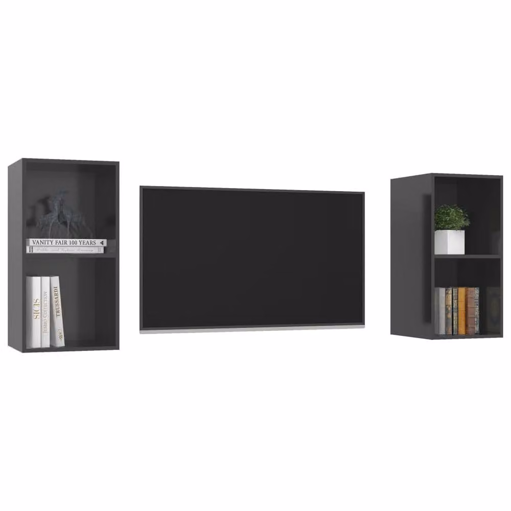 Berkfield Home Set of 2 Wall-mounted High Gloss Grey TV Cabinets in Engineered Wood – 3