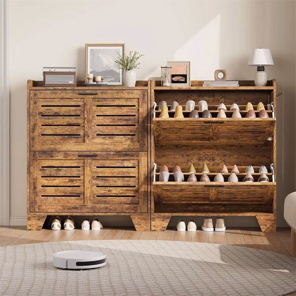 VOGREX Narrow Brown Wooden Shoe Cabinet with Tilting Compartments and Internal Shelves – 4