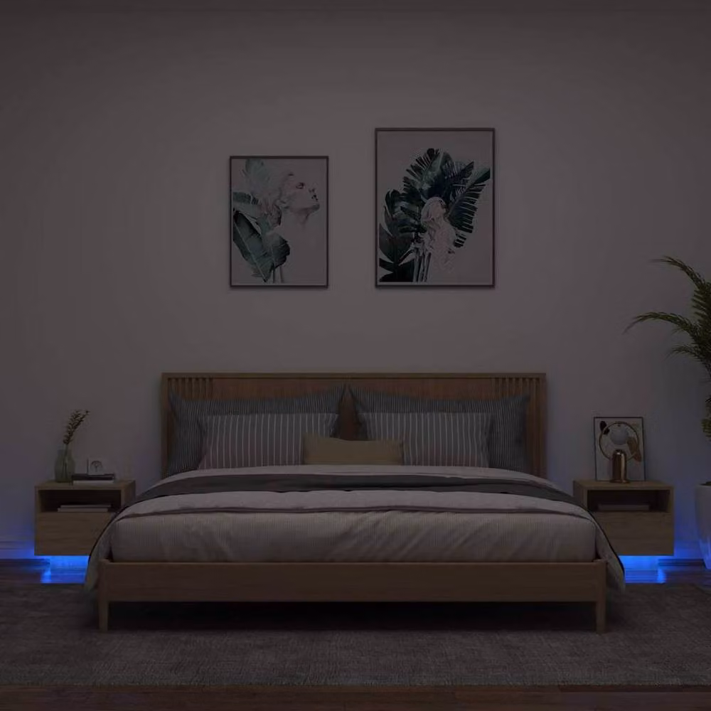 Berkfield Home Set of 2 Bedside Cabinets with Integrated LED Lights in Sonoma Oak and Light Tan, W/D/H: 40 x 39 x 37 cm – 2