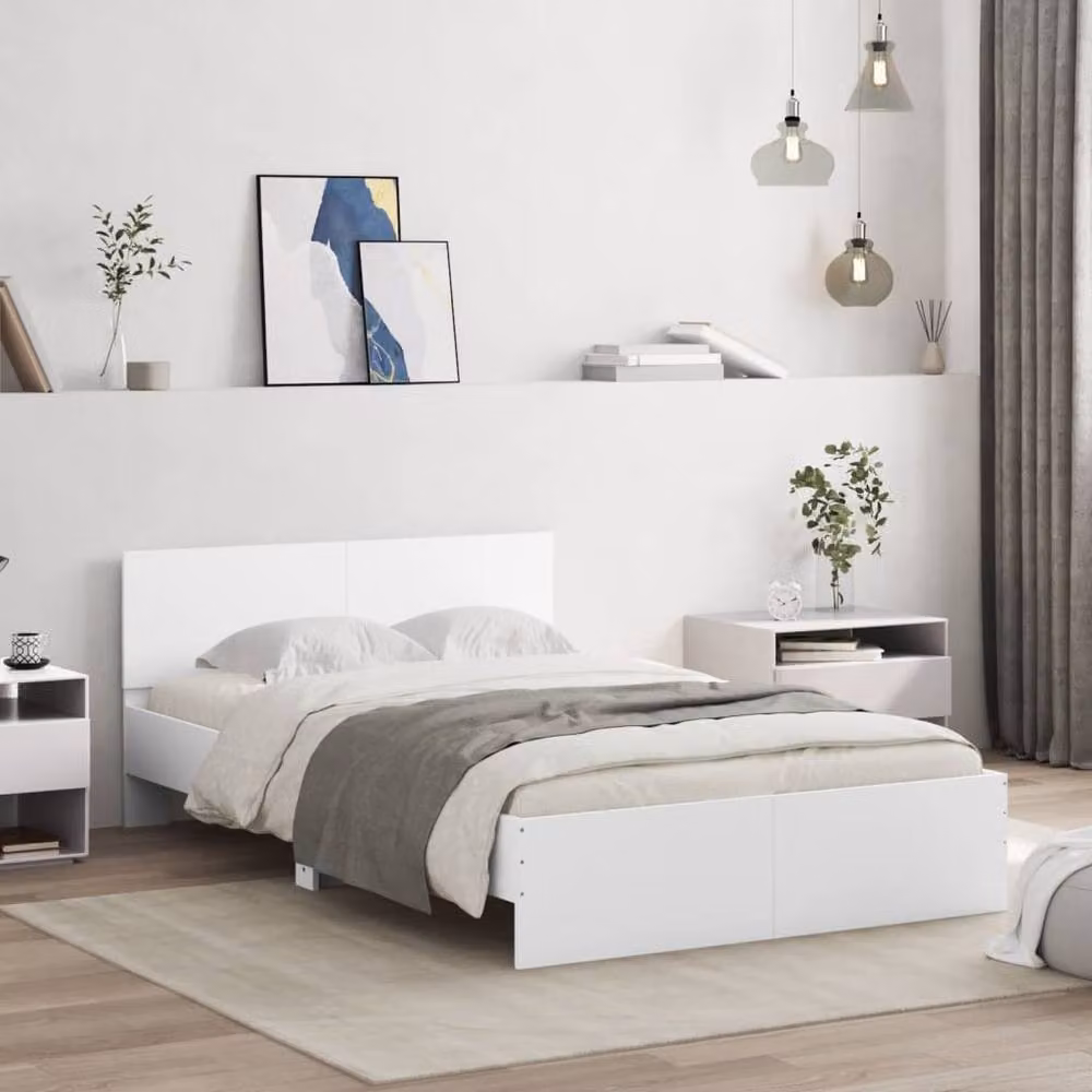 Berkfield Home Modern Double Bed Frame with LED Under-Bed Lighting and USB Charging Port, White, W: 135 cm, D: 190 cm – 2