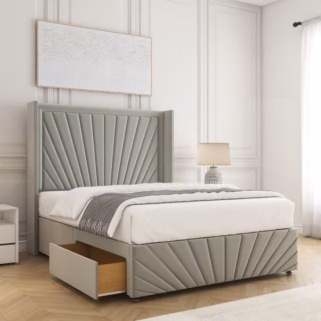 BSSPOKE Nola Double Divan Bed in Silver Plush Velvet with 54 inch Headboard and 2 Drawers, W/D/H: 140 x 200 x 30.48 cm