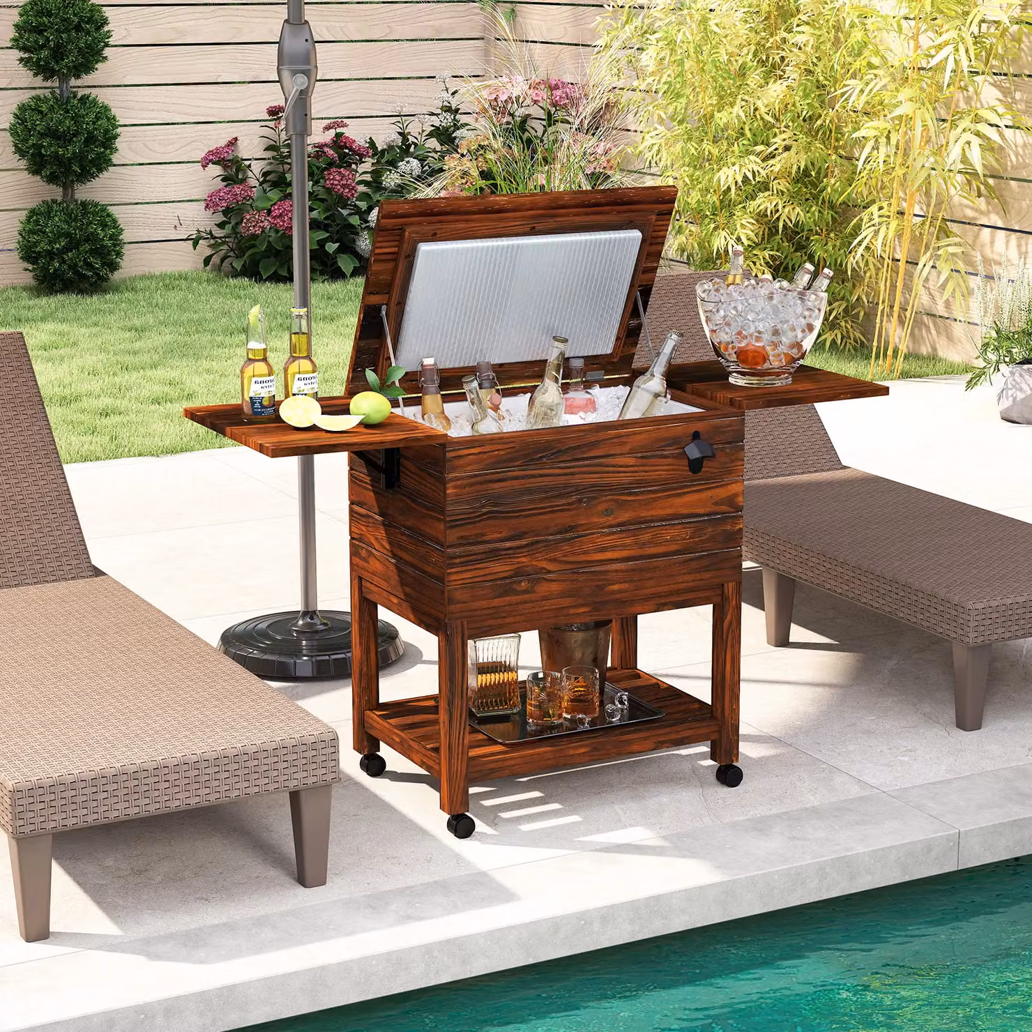 Costway Rolling Wooden Patio Cooler Cart, 51L Outdoor Ice Chest in Brown – 4