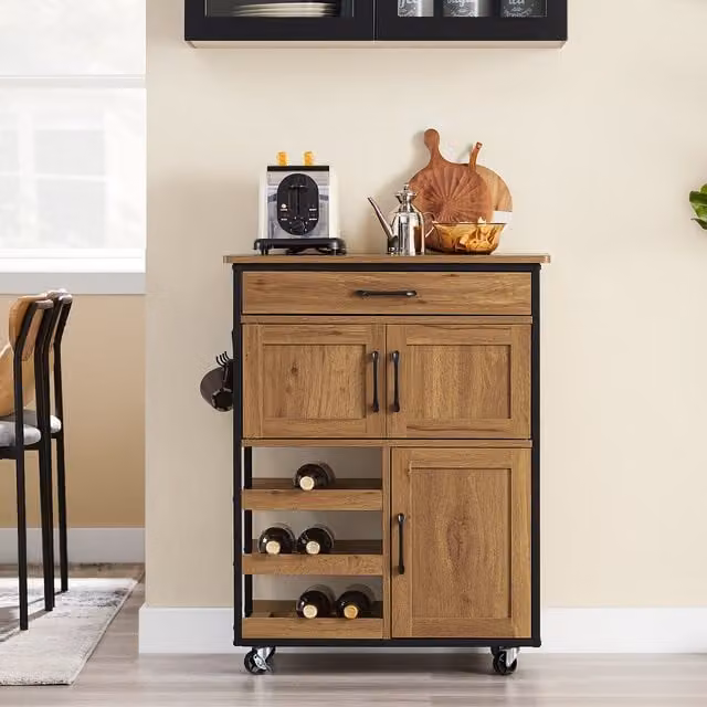 SoBuy Vintage Mobile Kitchen Trolley with Bottle Rack, Drawers and Hinged Doors in Brown and Black