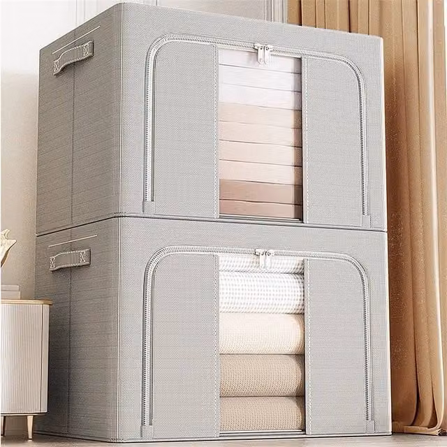 Nordara 2-Piece Grey Fabric and Metal Folding Wardrobe Organiser Storage Boxes, 66L – 1
