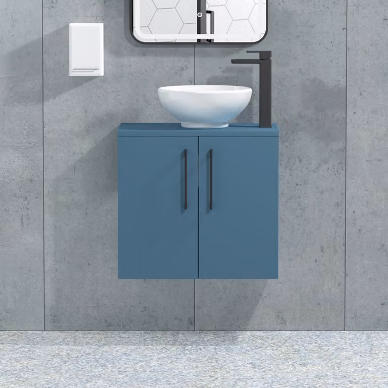 Royal Bathrooms Modena 800mm Wall Hung Vanity Unit in Satin Blue with 2 Doors, Matt Black Handles and Countertop Basin