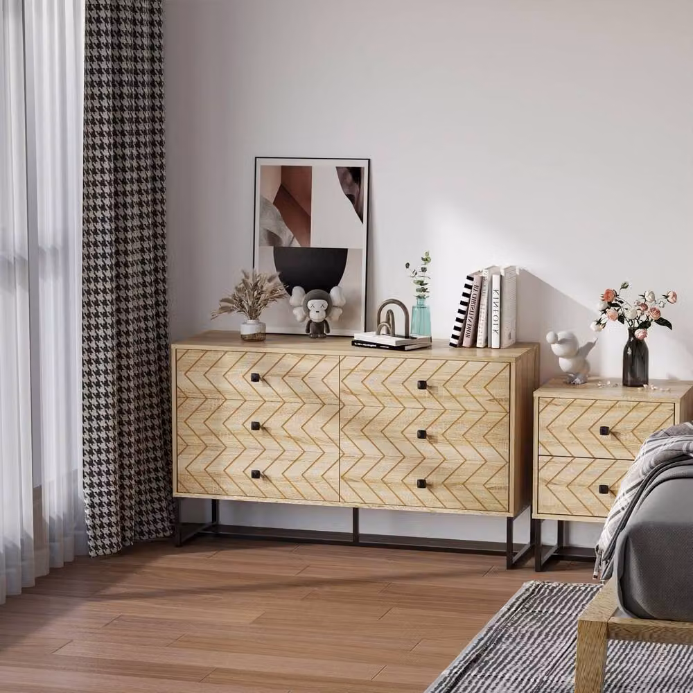 Wyld Haus Niel Natural Wood Chevron 6 Drawer Chest with Black Metal Legs – 3
