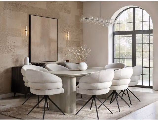 Solace+Co Zoya Ceramic Dining Table and 8 Eira Upholstered Chairs Set in Beige and White – 1