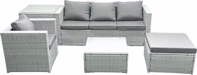 Fimous Garden 5 Seater Rattan Outdoor Furniture Set in Light Grey with 3 Seater Sofa, Armchair, Ottoman and Coffee Table