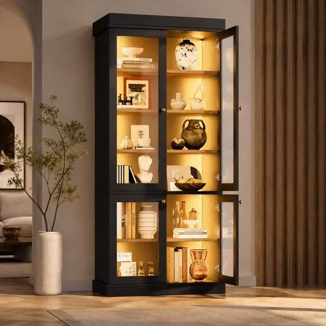 STILVORA Modern Black Storage Cabinet with LED Lighting and Shelves – 1