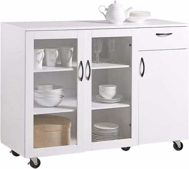 SoBuy Modern White Movable Storage Cupboard with Castors and Glass Doors