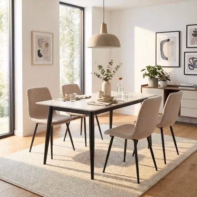 FWStyle Set of 4 Industrial Dining Chairs in Brown Fabric with Black Metal Legs – 1