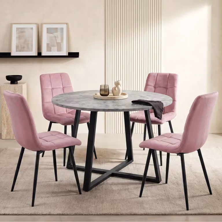 DHS Kyvon Round Dining Table Set with 4 Pink Velvet Chairs and Concrete Effect Table