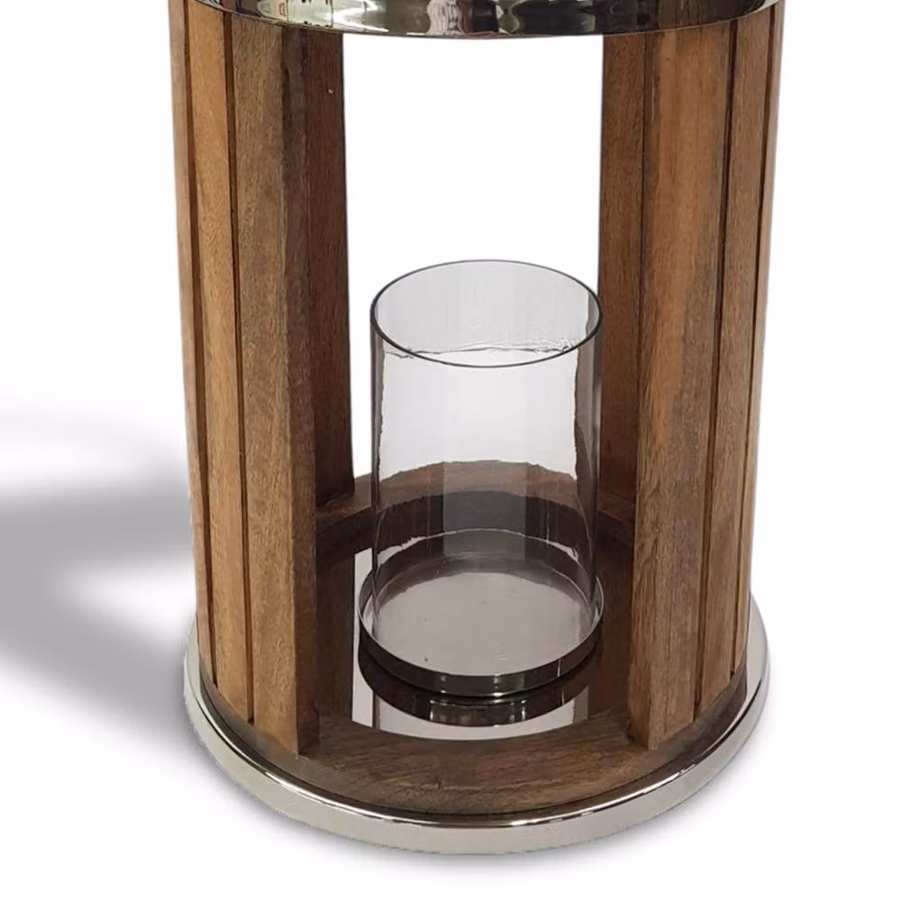 Elm Home And Garden Mango Wood and Stainless Steel Lantern, Silver Glass Hurricane Candle Holder, H 48.0 cm x W 26.0 cm x D 26.0 cm – 3