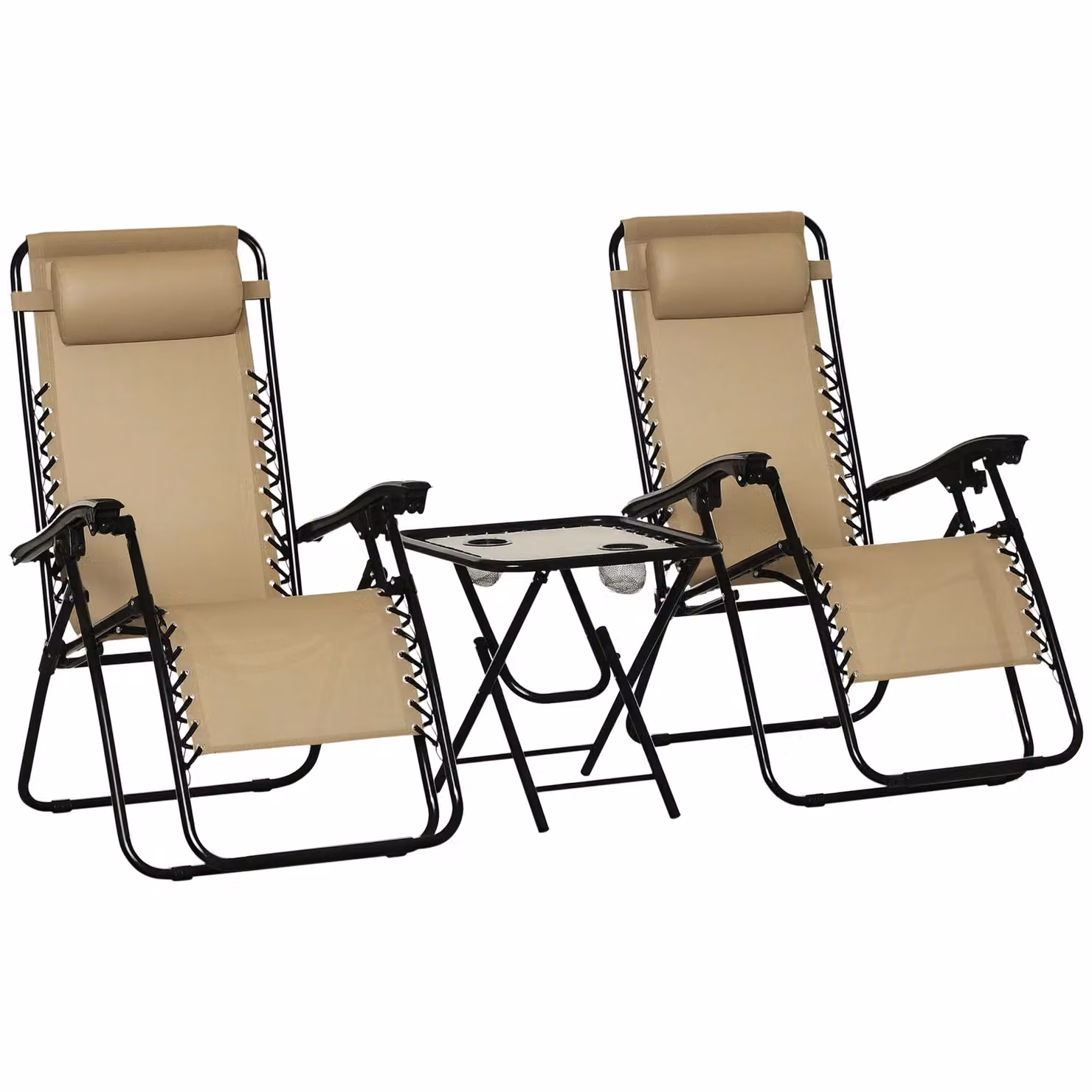 OUTSUNNY 3-Piece Zero Gravity Sun Lounger and Table Set with Cup Holders in Beige – 2
