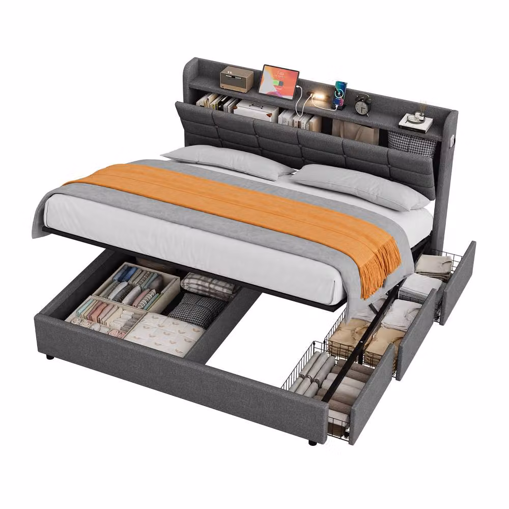 Merax Grey Upholstered King Size Ottoman Bed with Integrated Reading Light and USB Charging Port, W/D/H: 180 x 200 cm – 8