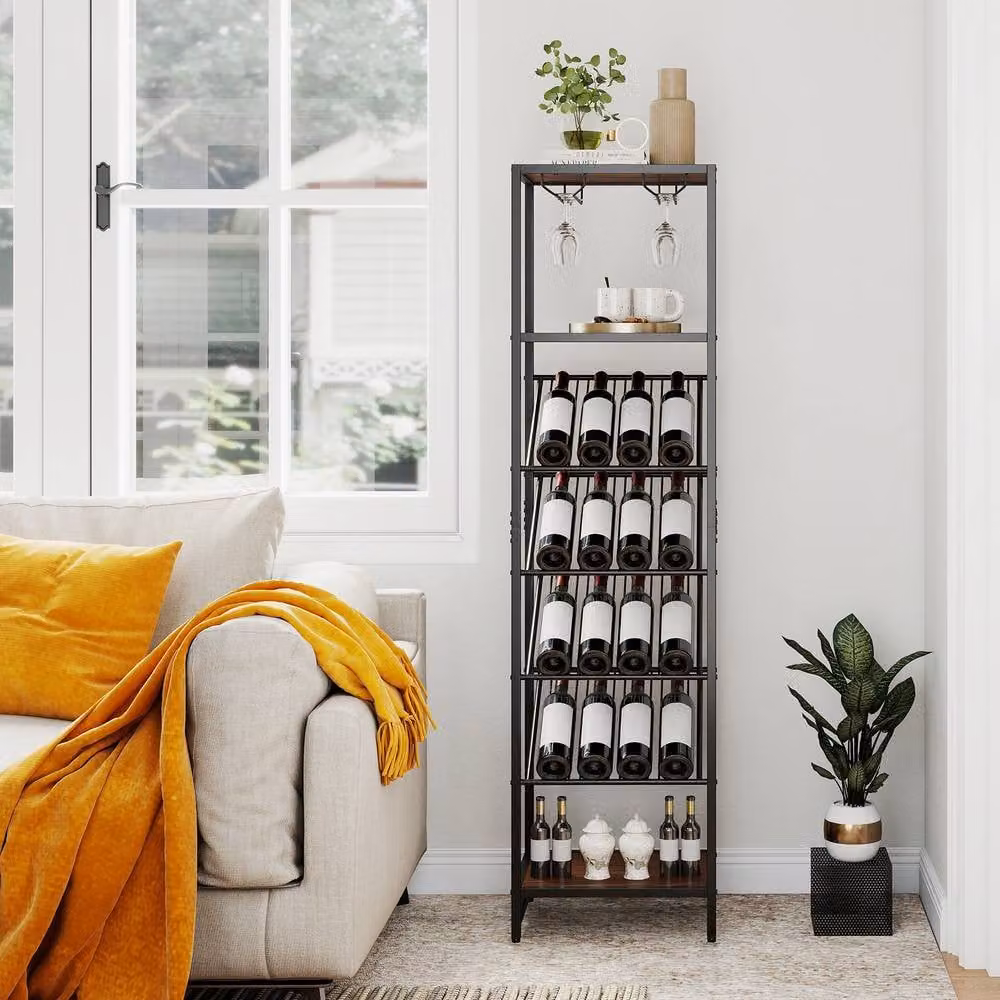 Gymax 7-Tier Freestanding Wine Rack and Liquor Storage Stand with Glass Holder in Brown – 4