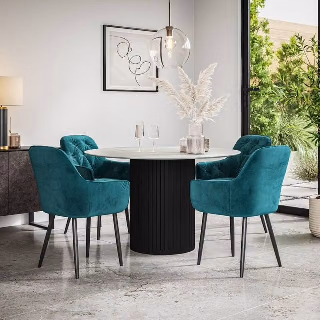 More4Homes Arlo White Marble Top Round Dining Table with Black Legs and Anika Petrol Teal Velvet Dining Chairs Set of 4, W/D/H: 120 x 120 x 75 cm – 1