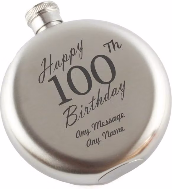 Uniqueful Personalised Happy 100th Birthday Engraved 5oz Round Stainless Steel Hip Flask in Silver