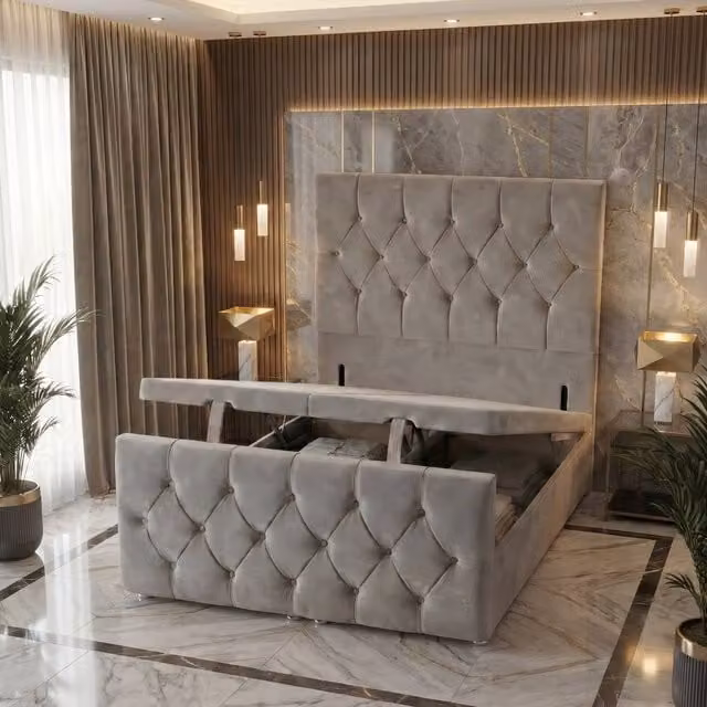 Somnior Ziggy King Size Plush Storage Ottoman Divan Base with 54 inch Headboard and 22 inch Footboard in Silver Grey Velvet Fabric W/D/H: 180 x 200 cm – 1