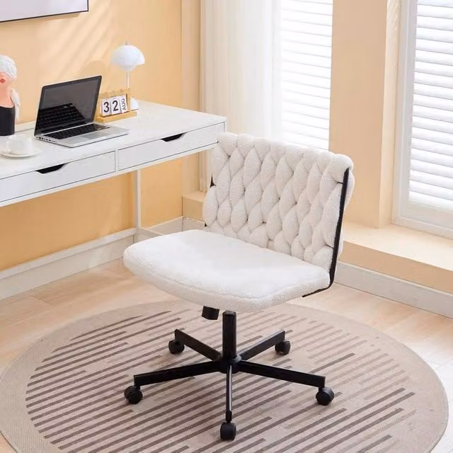 VOGREX Modern Armless Swivel Desk Chair with Castors in White Bouclé Fabric – 1