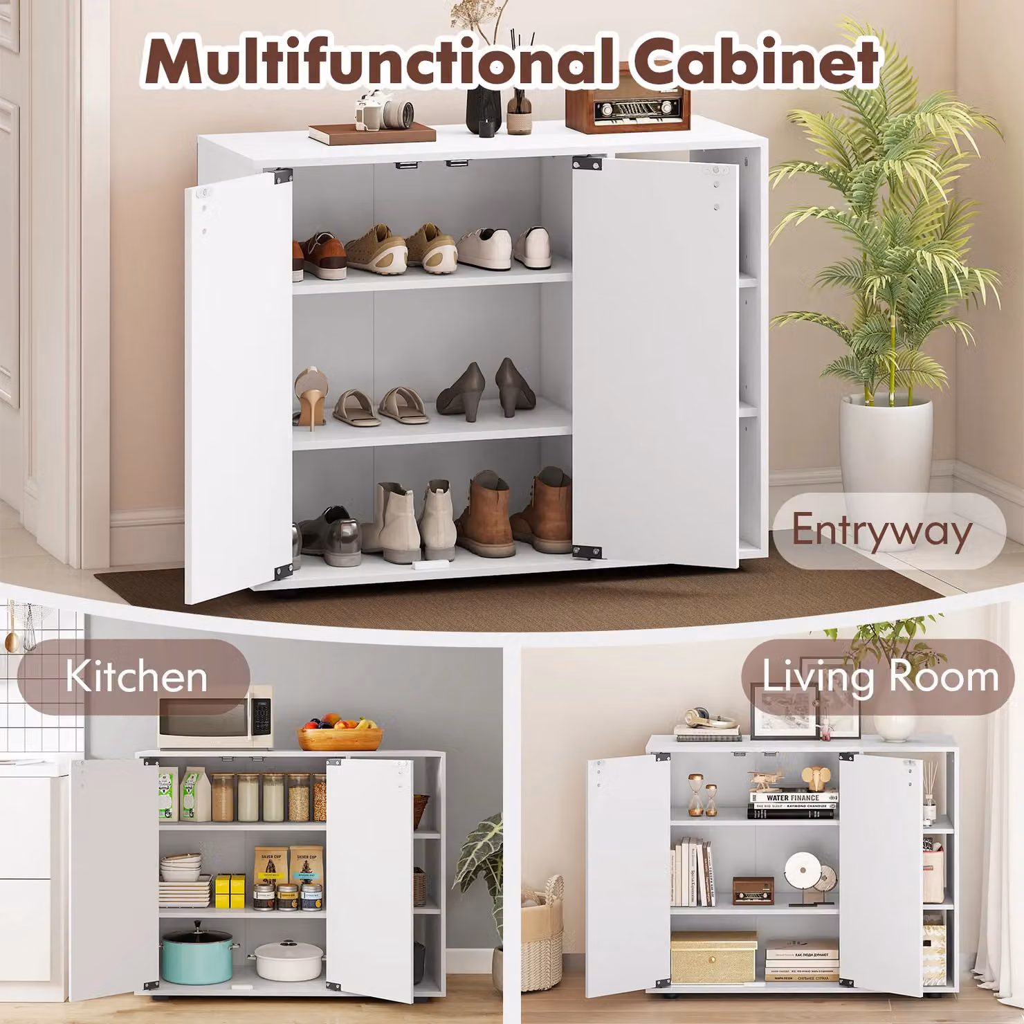 Costway 3-Tier White Wood Shoe Storage Cabinet with Hinged Doors – 3
