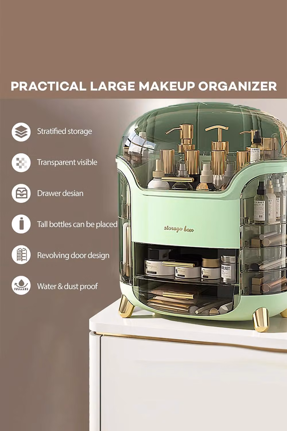 SHEONLY Large Capacity Cosmetic Storage Box with 2 Layers and Transparent Lid, Green – 3