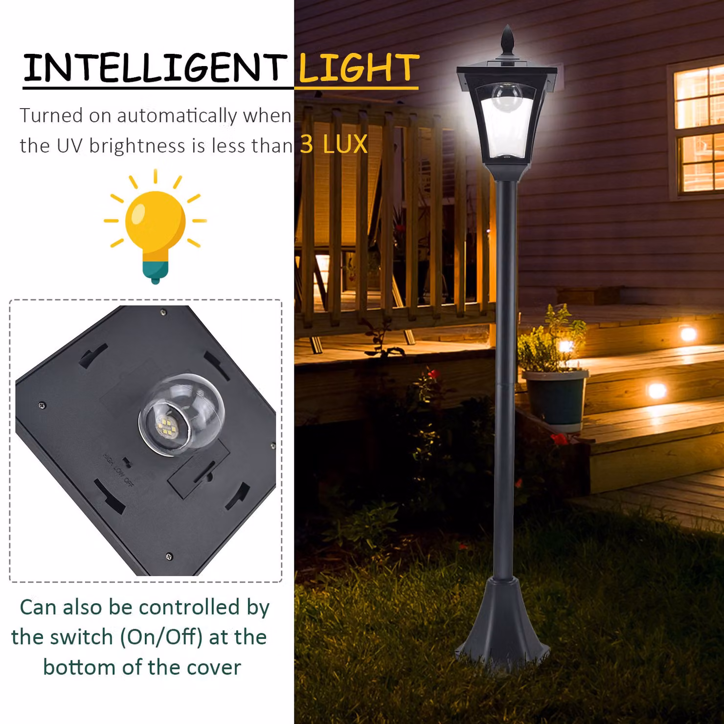 Outsunny 2 Piece Solar LED Garden Post Lamp Set, Black Dimmable Bollard Lanterns with Dusk Sensor – 4