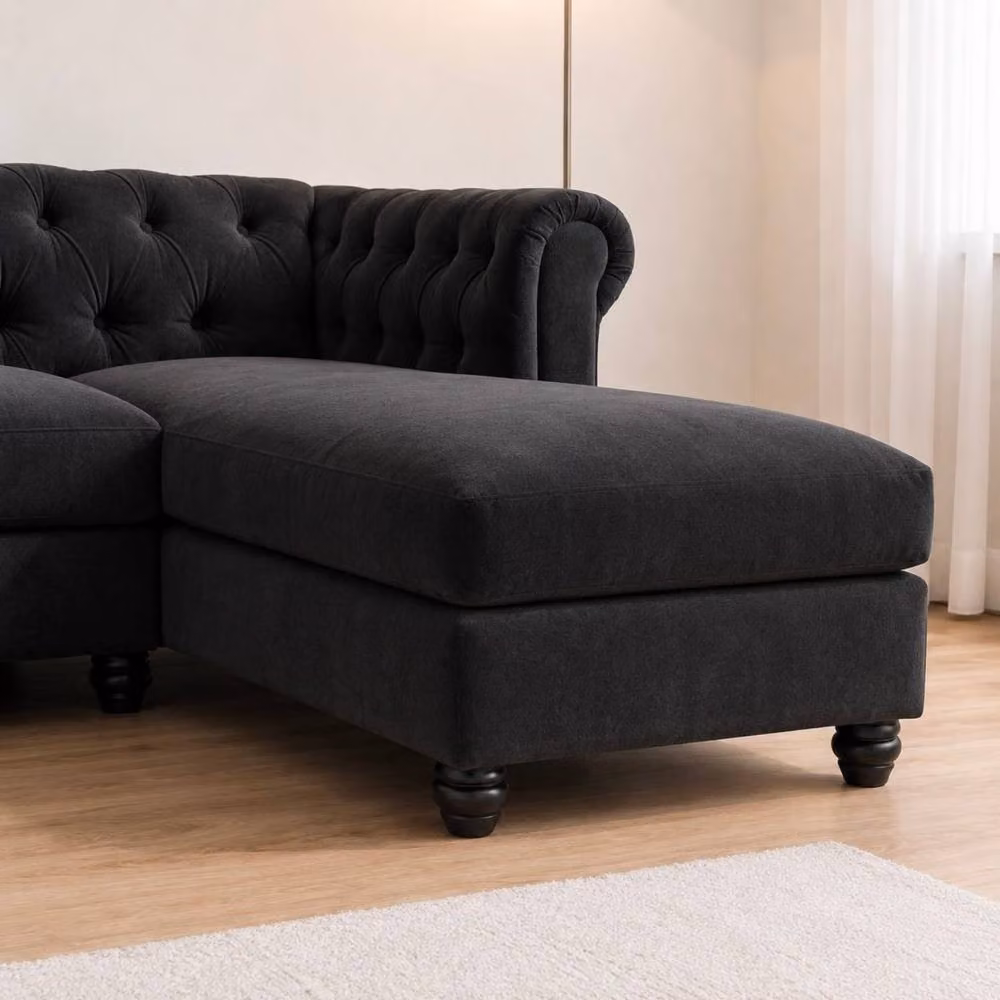 Sofaya Hampton 4 Seater L Shape Chesterfield Sofa in Black Velvet with Right Hand Chaise – 5