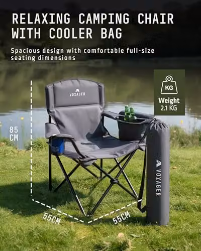 Voyager 2 Pack Folding Camping Chairs with Armrests and Cushions in Black and Grey – 2