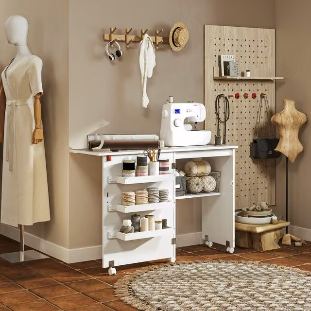 HOMCOM White Folding Sewing Table with Drop Leaf and Castors