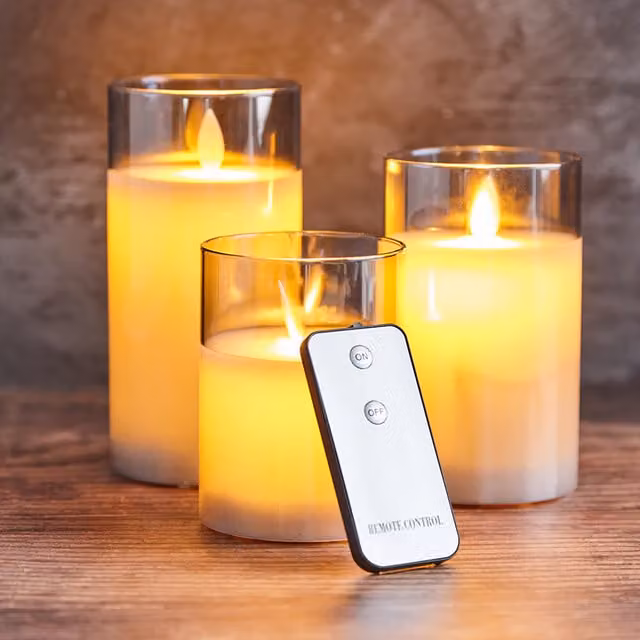 Biard Remote Control LED Wax Pillar Candle Lights with Glass Holder, Black, Grey and White, featuring Flicker Effect and Timer