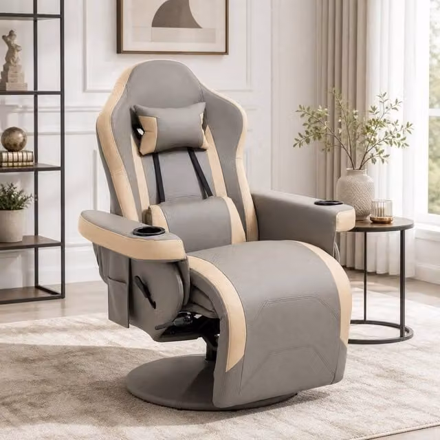 STILVORA Grey Synthetic Leather Recliner Armchair with Integrated Footrest, Cup Holder and Swivel Function – 1