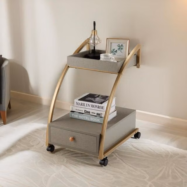 Pirlo Plush Rolling Bedside Table with Drawer in Gold