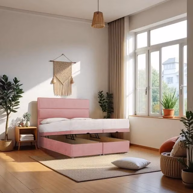 Knight Sleep York End Opening Ottoman Bed with Orthopaedic Hybrid Mattress and 24 inch Headboard in Pink, Super King, W/D/H: 200 x 200 cm