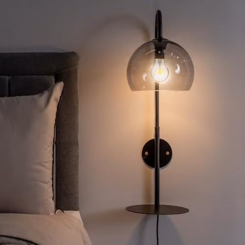ValueLights Glenn Smoked Glass Globe Sphere Wall Light with Matte Black Shelf and LED Bulb – 2