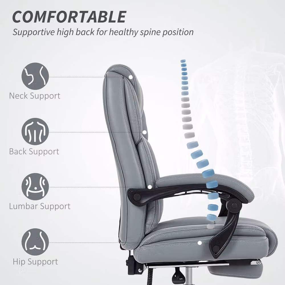 HOMCOM Grey Faux Leather Executive Office Chair with Armrests and Headrest – 5