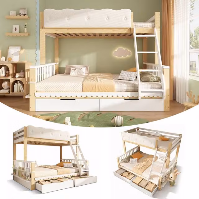 Rolipo Kids Single Over Double Bunk Bed with Storage Drawers in White Solid Pine Wood