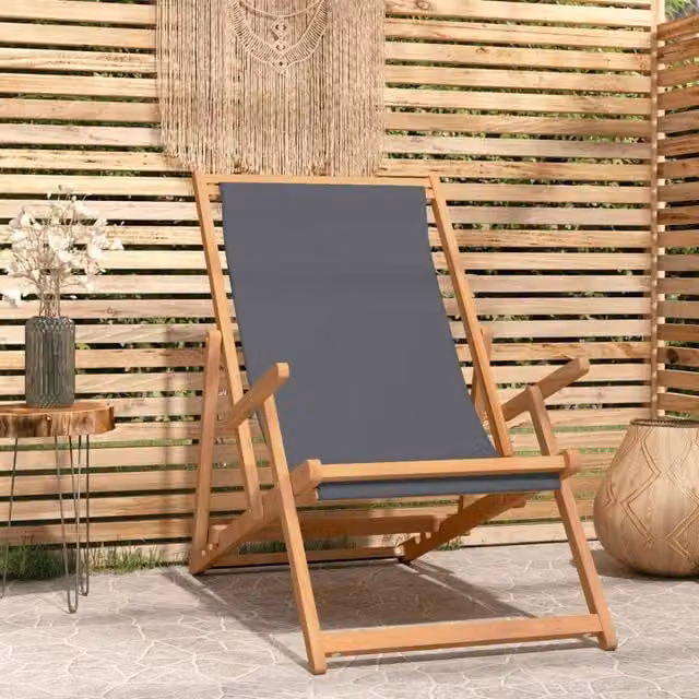 Berkfield Home Folding Beach Chair in Grey Solid Teak Wood