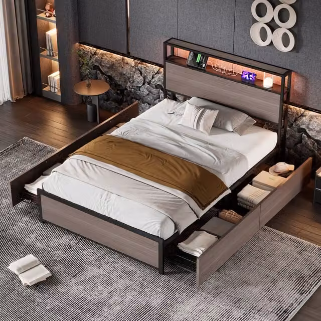Matteo Metal Single Bed in Black with LED Under-bed Lighting, USB Charging Port and 4 Drawers, W/D/H: 90 x 190 cm