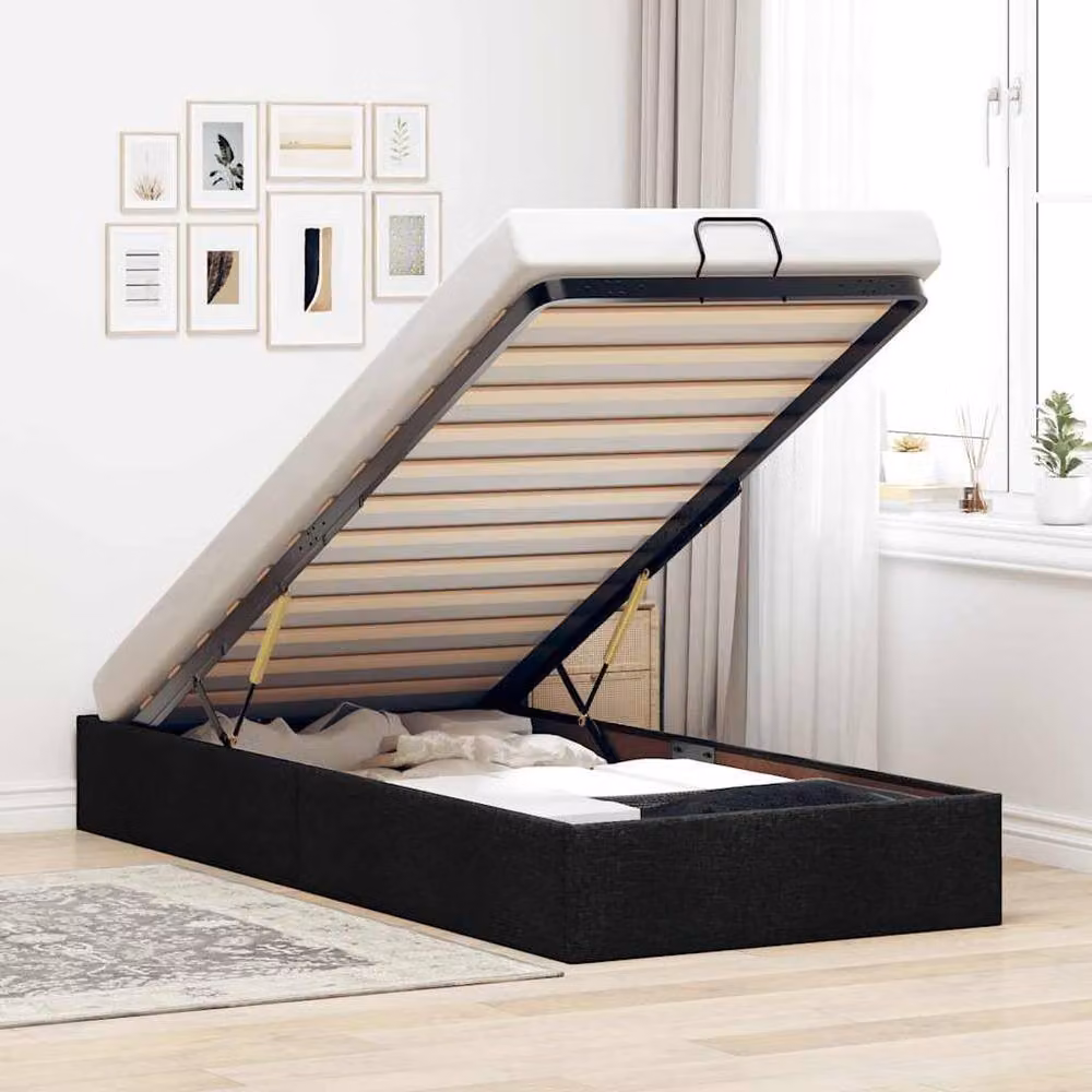 Berkfield Home Single Upholstered Ottoman Bed Frame in Black Fabric, W/D/H: 90 x 200 cm – 2