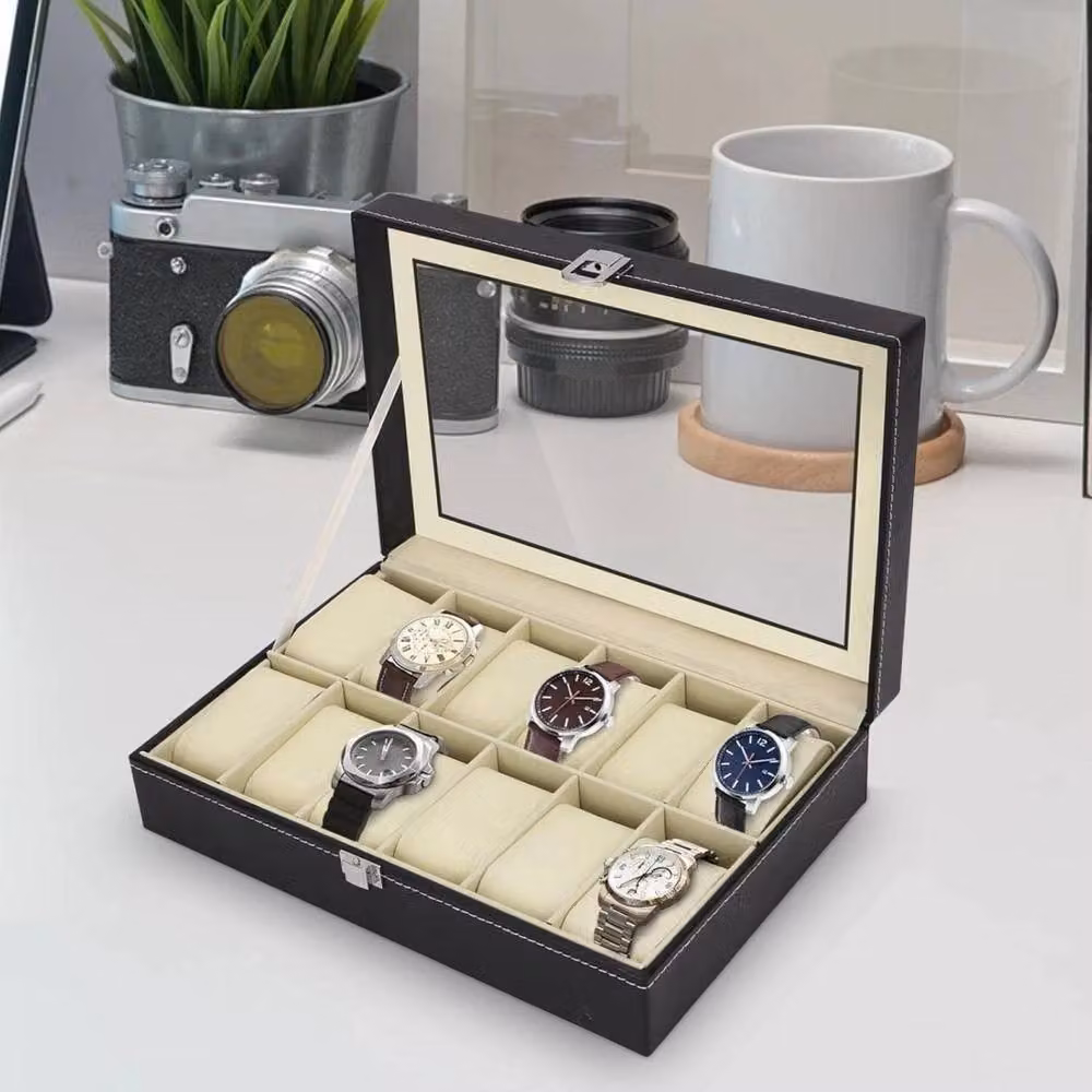 Kelvenix Black PU Leather Watch Display Case with 12 Slots and Glass Lid and Velvet Lining – 3