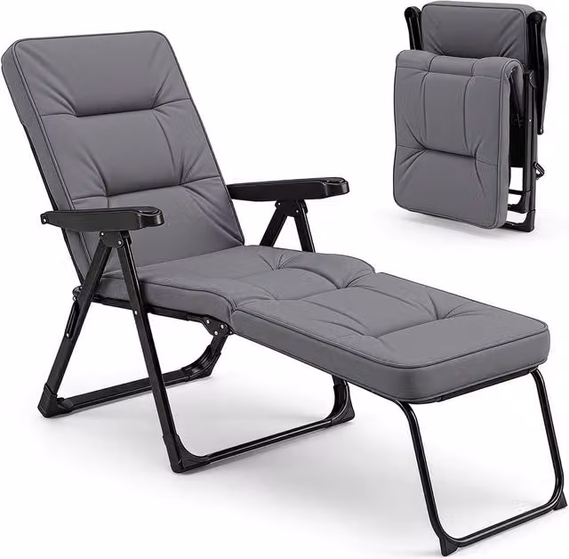 Gymax Foldable Garden Sun Lounger with Adjustable Headrest and Armrests in Grey