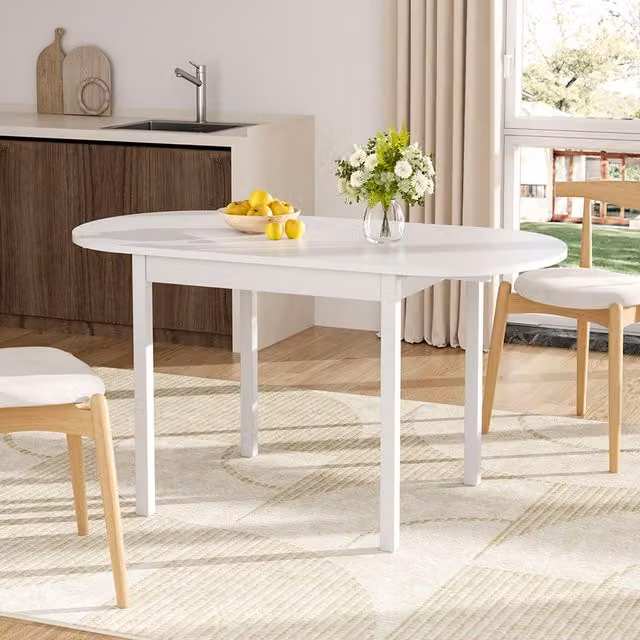 Komore White Oval Wooden Extendable Dining Table with Butterfly Leaf