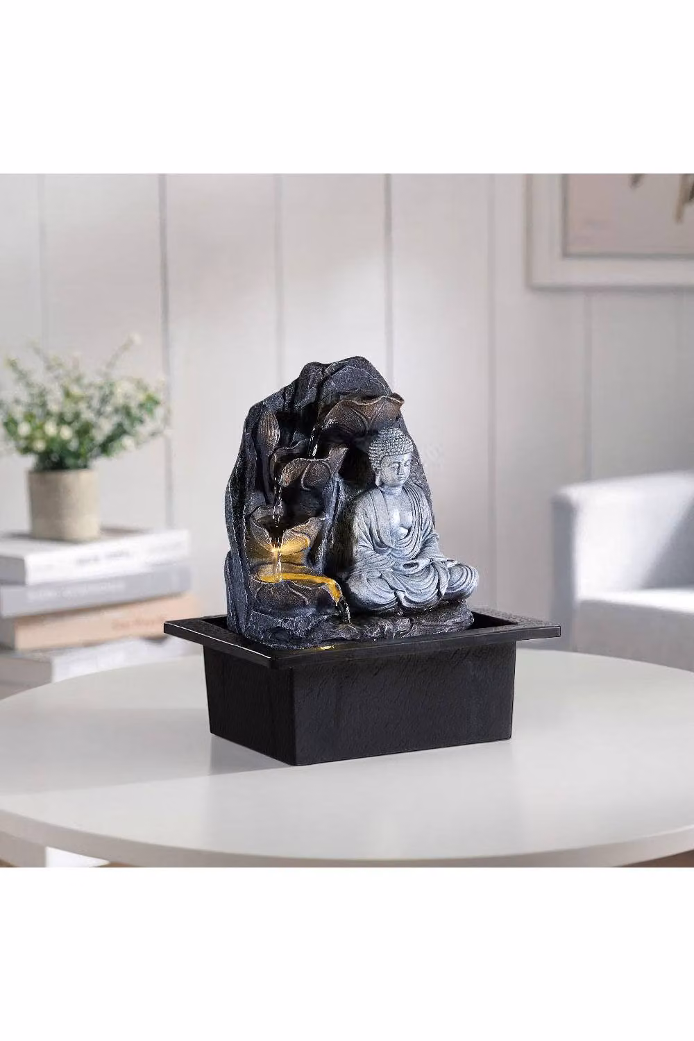 H&O Direct Buddha Tabletop Water Fountain with LED Light in Grey – 2