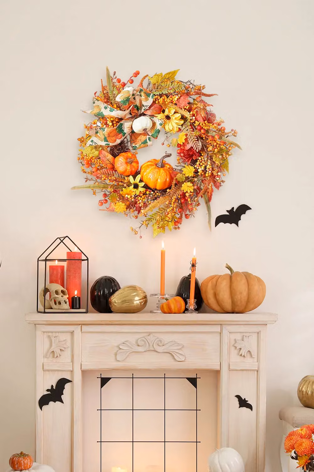 Living and Home Orange Halloween Artificial Pumpkin Berry and Maple Leaf PVC Decorative Wreath, Diameter: 50 cm – 2