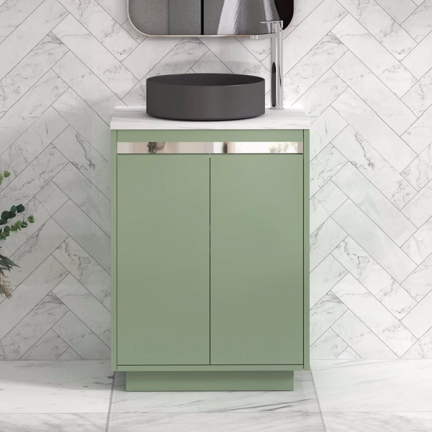 Royal Bathrooms Orion 800mm Mint Sage Floor Standing Countertop Vanity Unit with 2 Soft Close Doors and White Art Round Basin