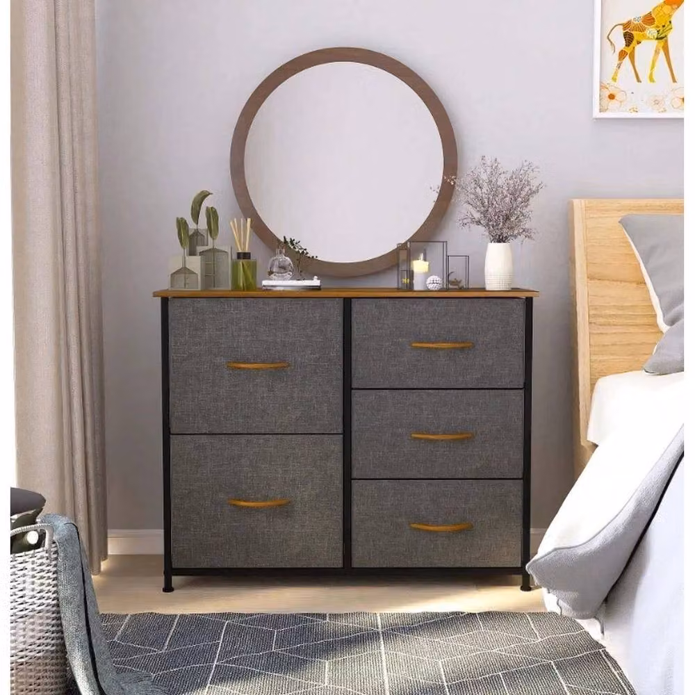 VOGREX 5 Drawer Fabric Storage Chest with Steel Frame and Wood Top in Dark Grey – 2